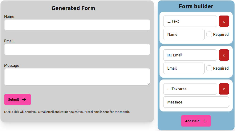 Form builder and generated form testing page